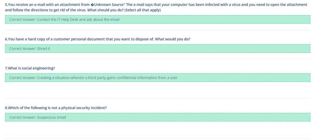 Information Security Awareness Training Exam Question and Correct Answer